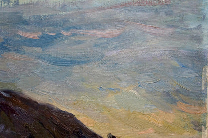 Seascape and mountain landscape depicted in an oil painting by an unknown artist
