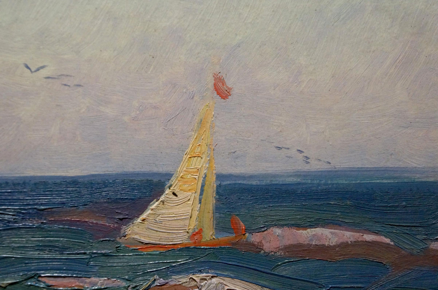 Oil painting by Yuzefovich Natalia Vladimirovna: yellow sailboat on textured blue sea