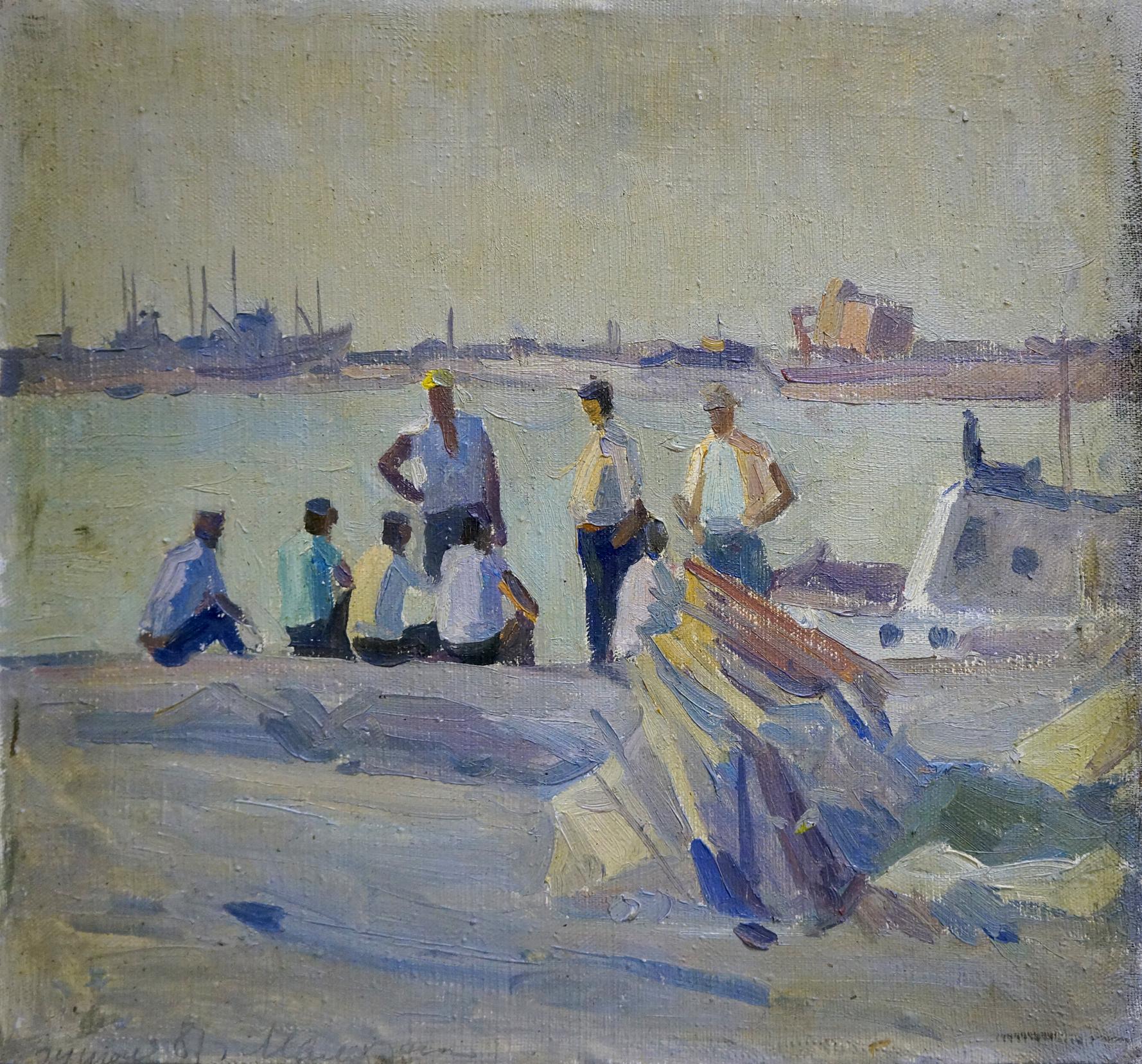 Oil painting of sailors in port by Malyarenko Igor Alekseevich