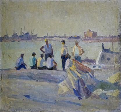 Oil painting of sailors in port by Malyarenko Igor Alekseevich