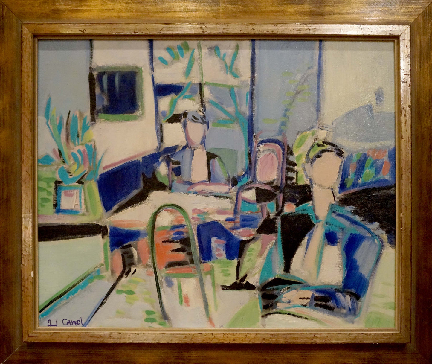 Framed abstract oil painting Family at the table by J.L. Canel L