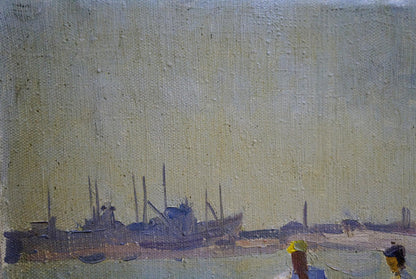 Malyarenko Igor Alekseevich oil painting of hazy harbor with sailors