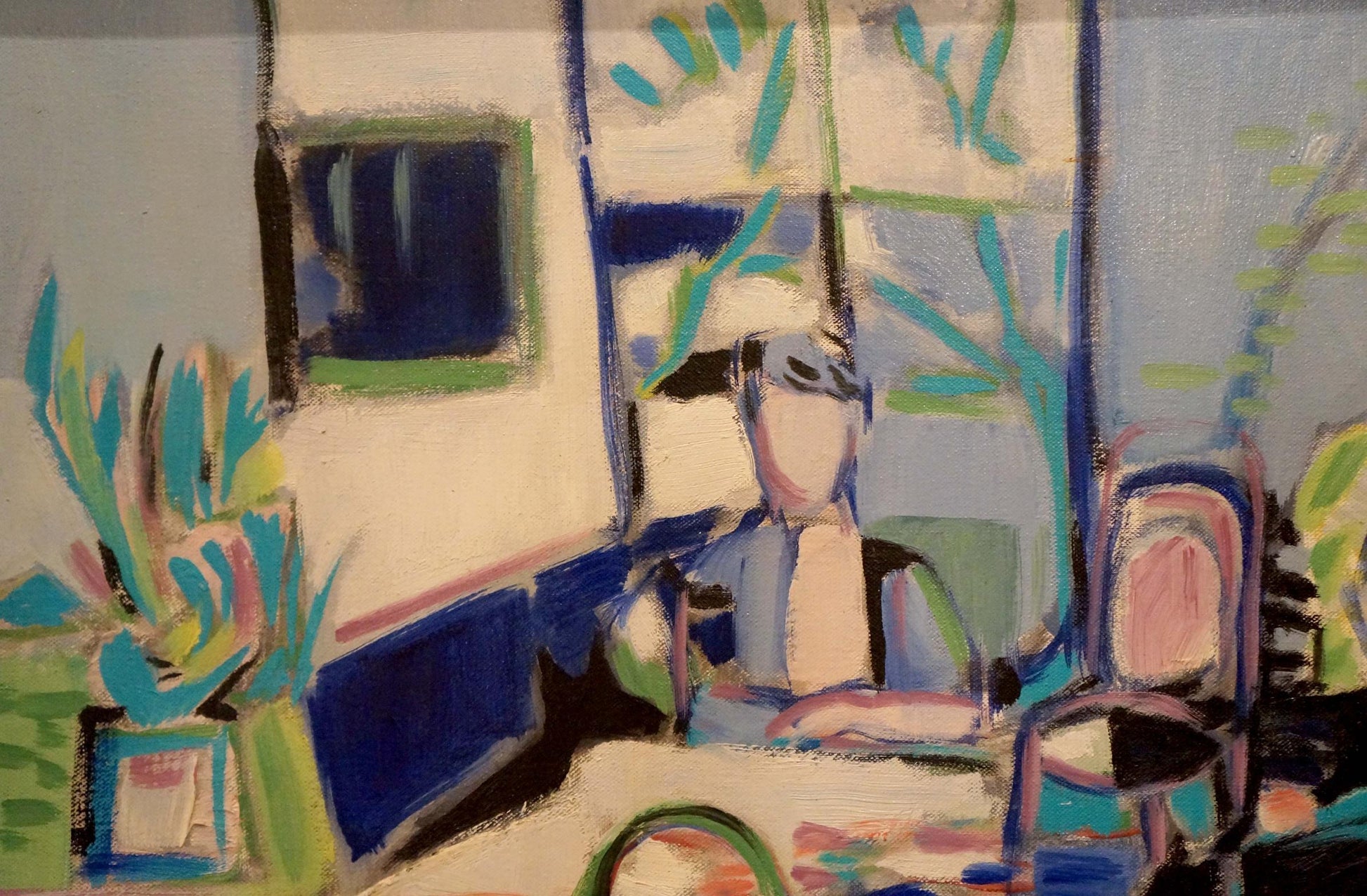 Abstract oil painting Family at the table Canel L with blue green white strokes