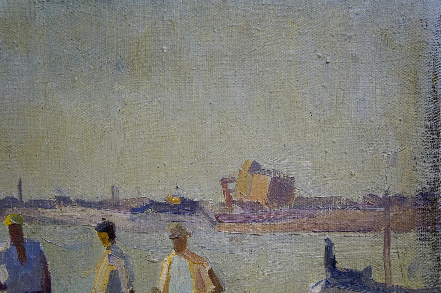 Textured impressionistic oil painting of Sailors in the Port by Malyarenko Igor Alekseevich