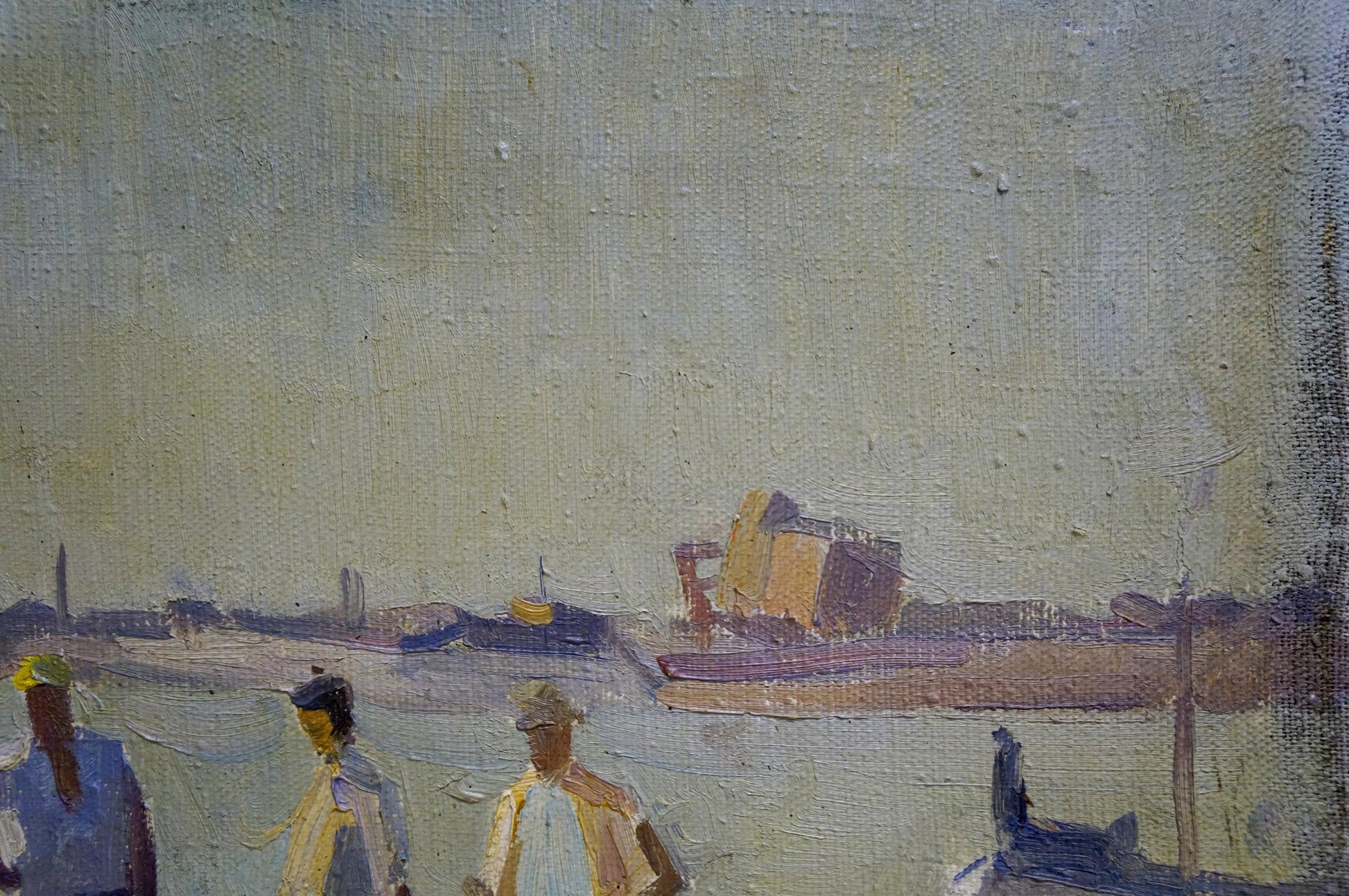 Textured impressionistic oil painting of Sailors in the Port by Malyarenko Igor Alekseevich