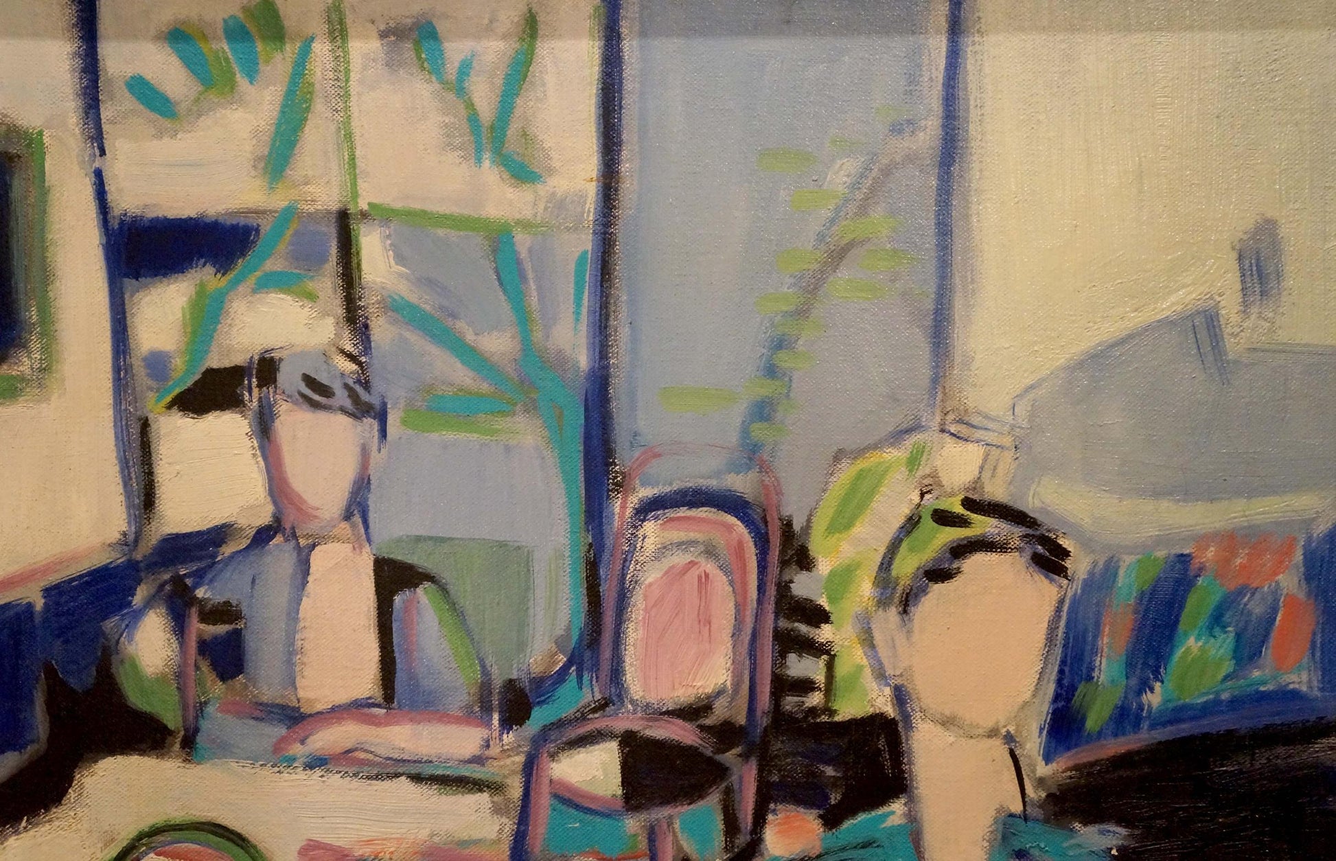 Abstract modernist oil painting Family at the table Canel L in blue green beige