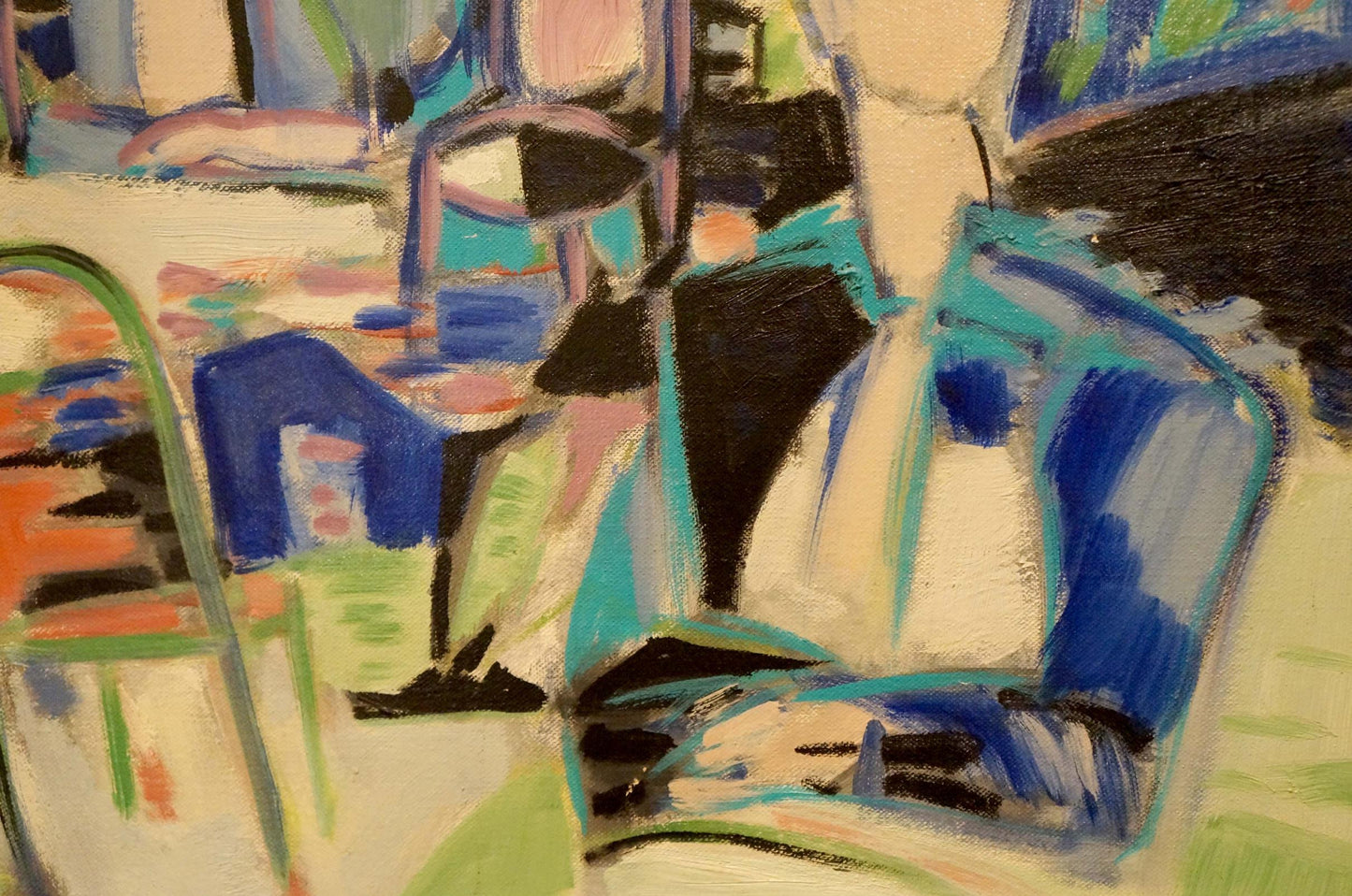 Abstract oil painting Family at the table Canel L in blue black teal white