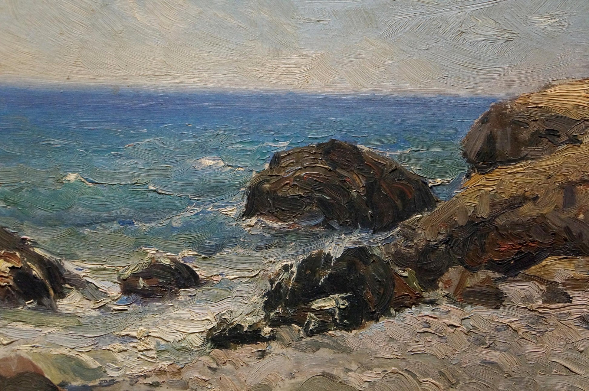 Oil painting Seascape by Petr Kuzmich Stolyarenko: rugged rocks and turbulent waves