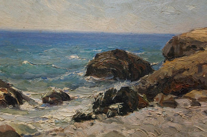 Oil painting Seascape by Petr Kuzmich Stolyarenko: rugged rocks and turbulent waves