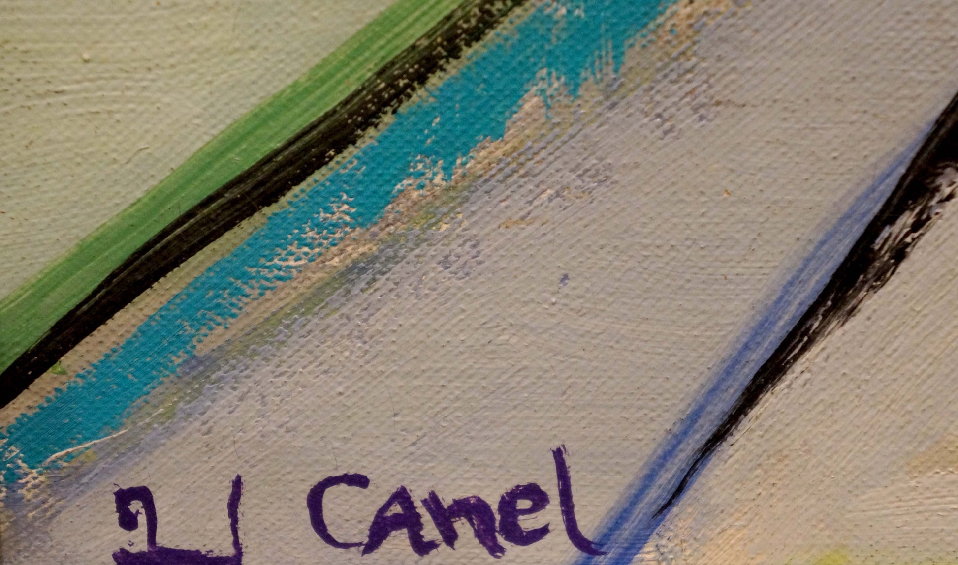 Abstract oil painting Family at the table Canel L with green turquoise black strokes