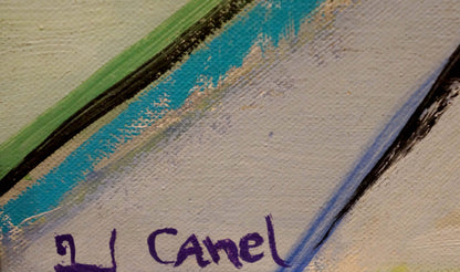 Abstract oil painting Family at the table Canel L with green turquoise black strokes