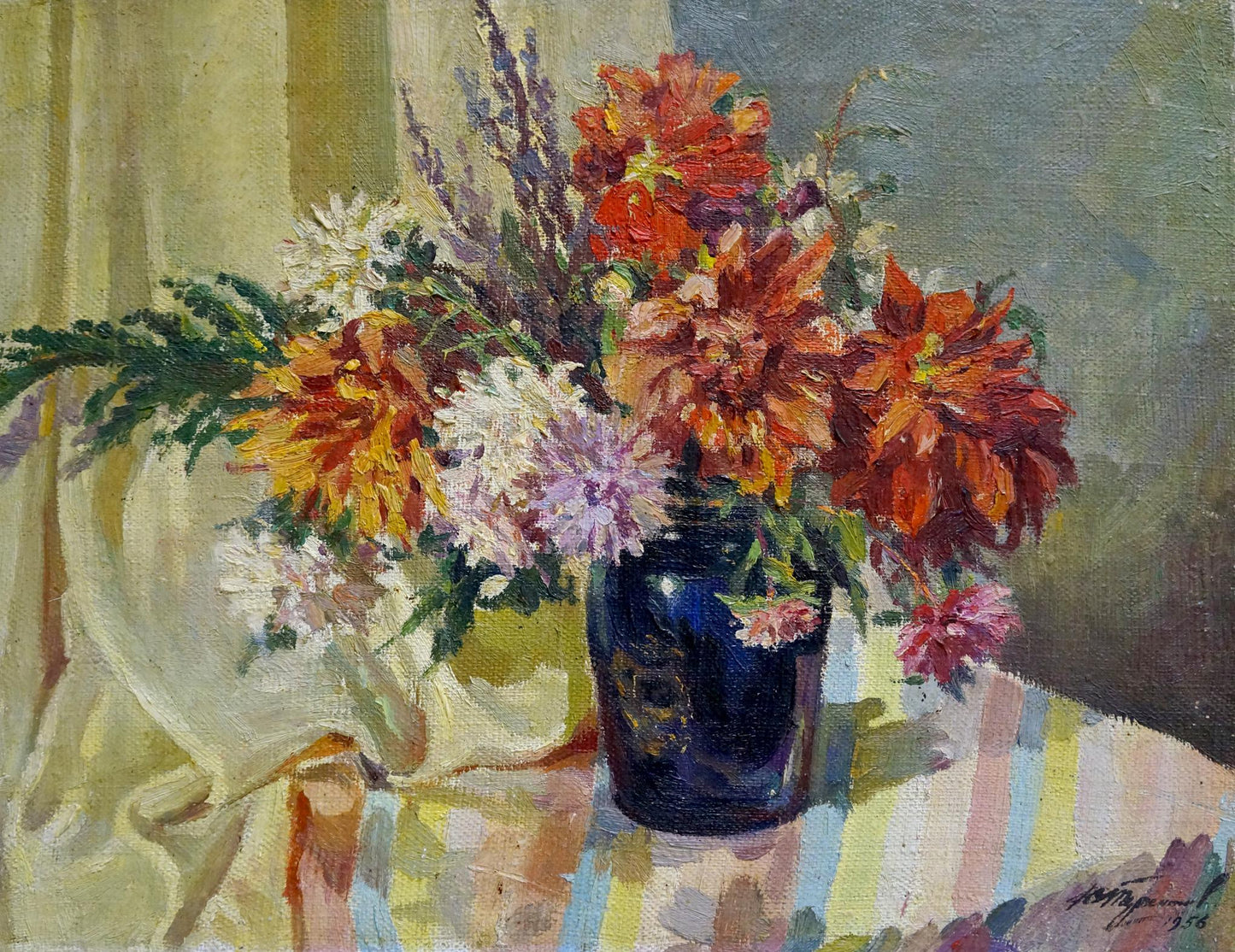 Oil painting of orange, white, purple flowers in blue vase by Terentyev Nikolay Pavlovich