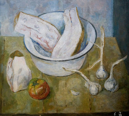 White enamel bowl with blue rim of bacon slices, Volobuev oil painting