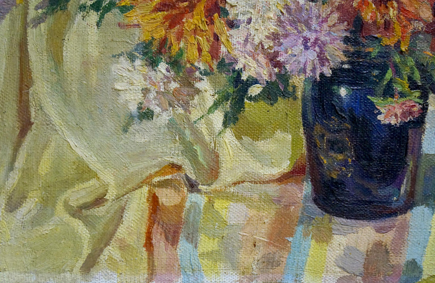 Oil painting of vibrant orange white purple flowers in dark blue vase by Terentyev Nikolay Pavlovich