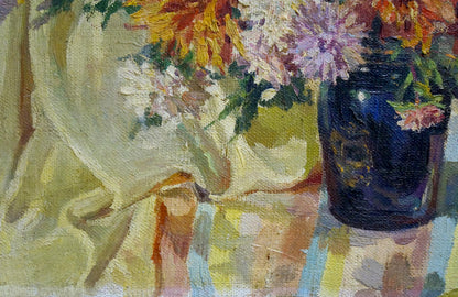 Oil painting of vibrant orange white purple flowers in dark blue vase by Terentyev Nikolay Pavlovich
