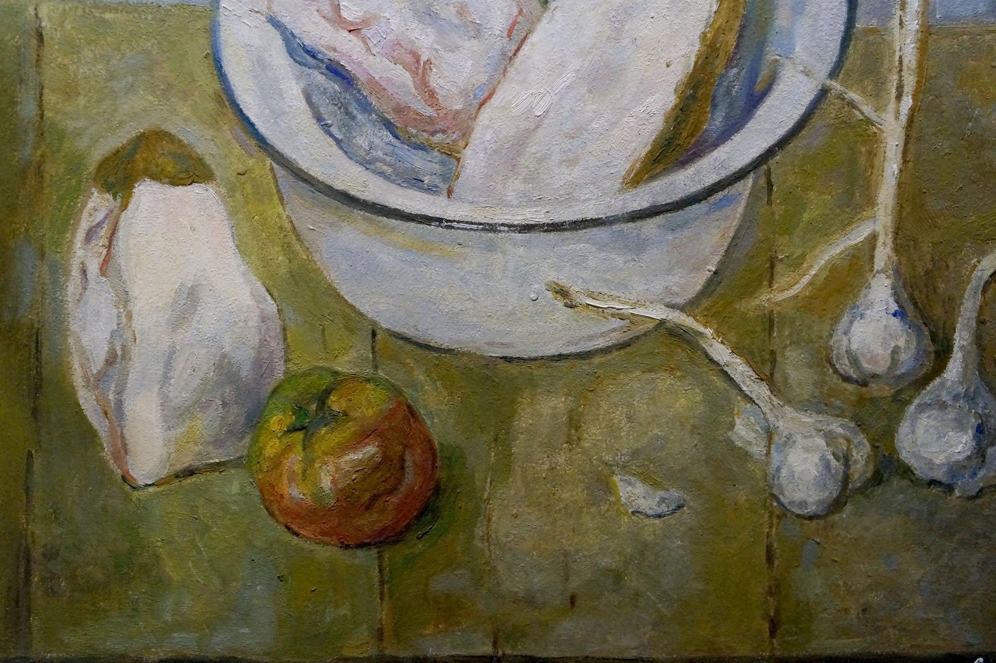 Oil painting of white enamel bowl with blue rim, raw chicken, lard and garlic by Evgeny Vsevolodovich Volobuev