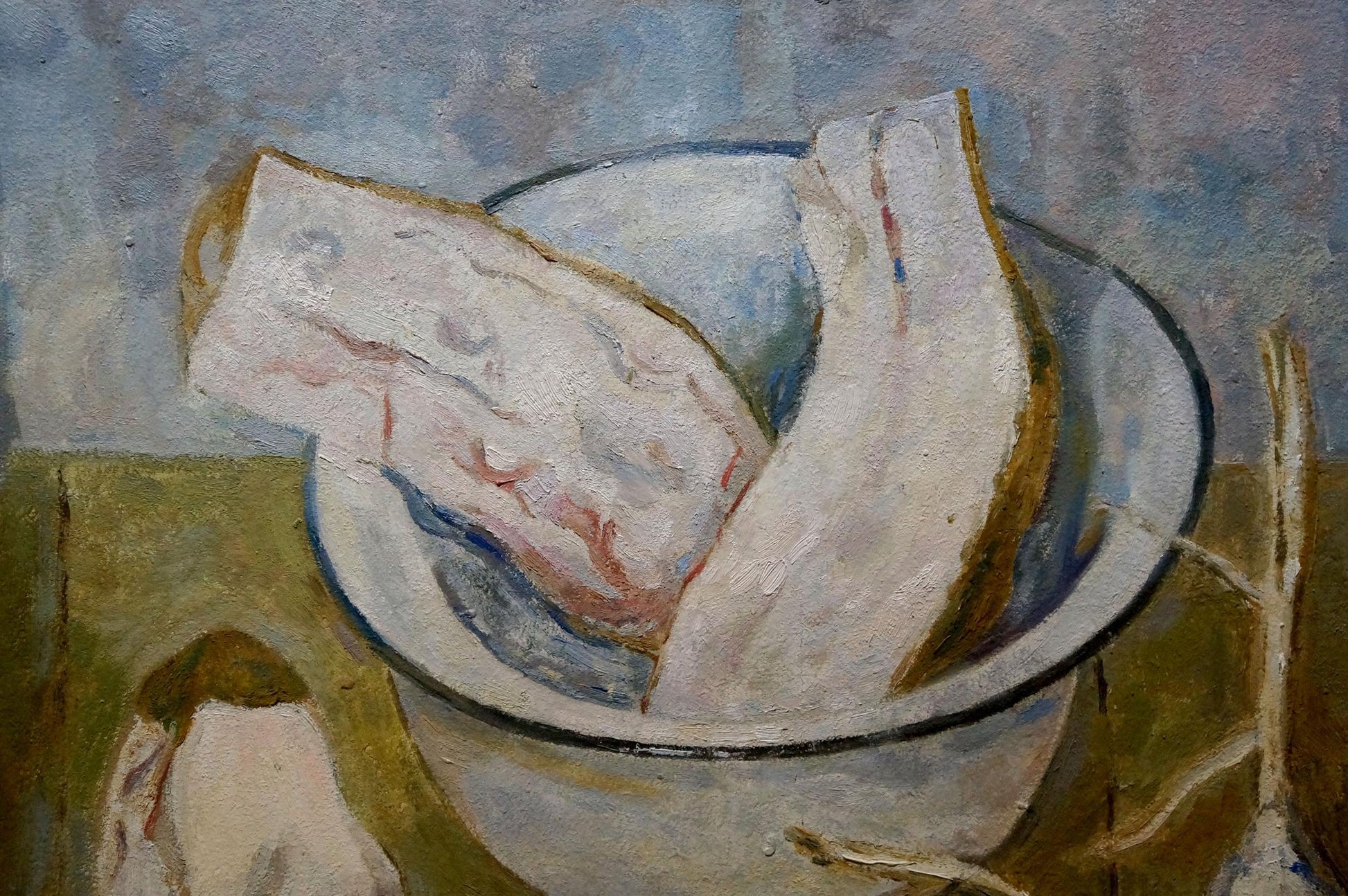 Oil painting of white enamel bowl with black rim holding pale pink cured lard by Evgeny Vsevolodovich Volobuev