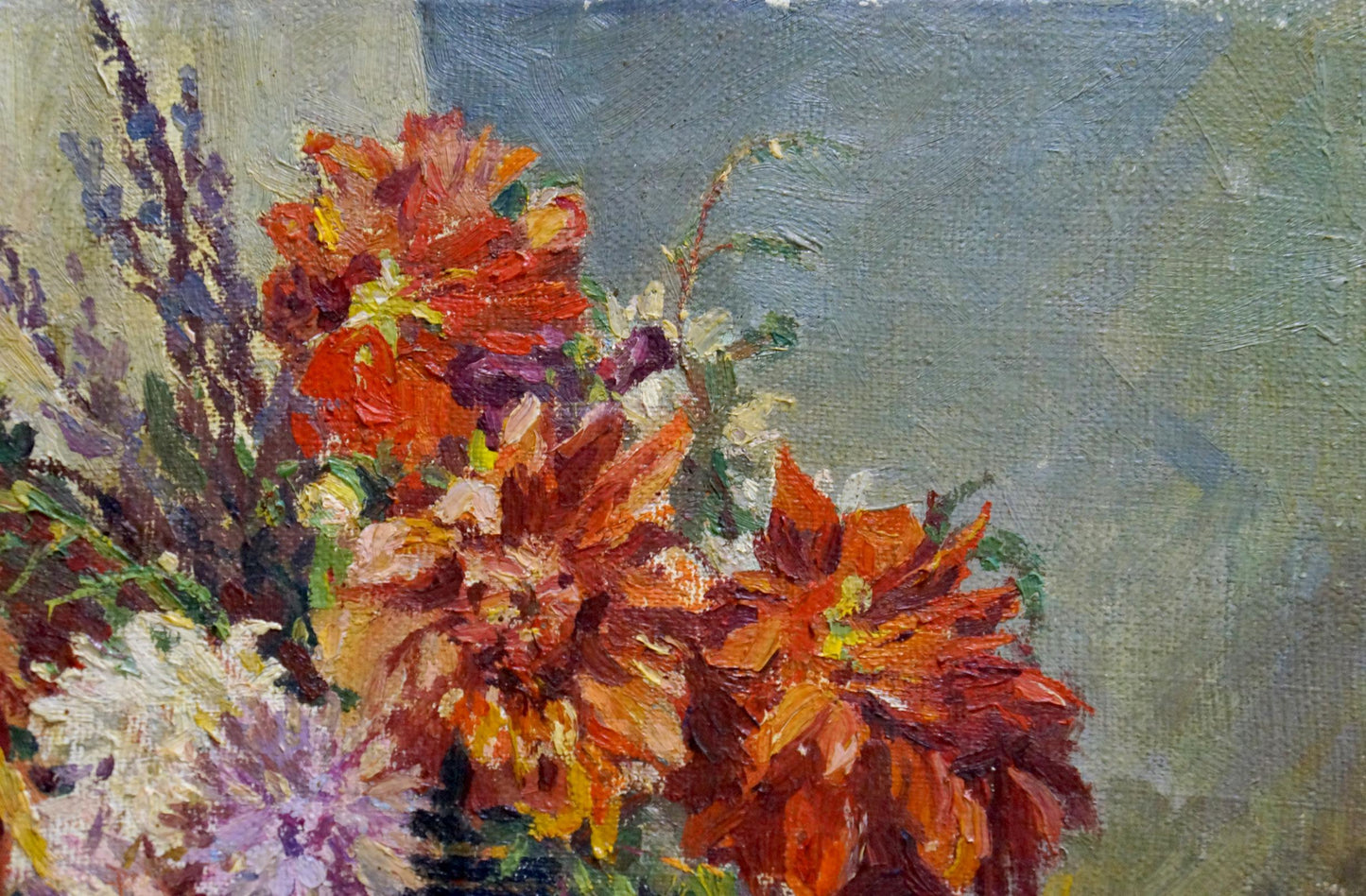 Vibrant orange red dahlia oil painting by Terentyev Nikolay Pavlovich