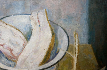 Oil painting of white ceramic bowl with dark rim, lard bread by Volobuev
