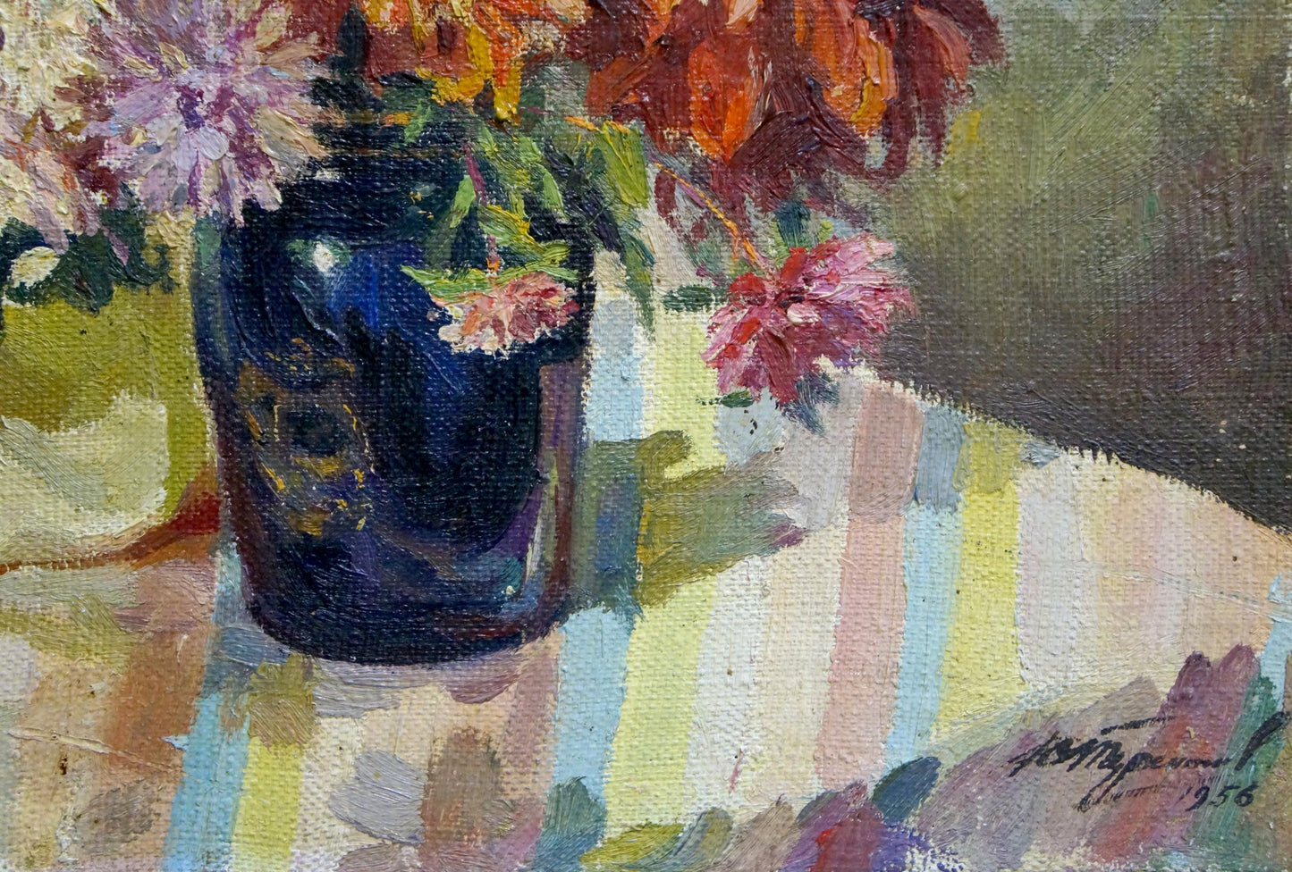 Oil painting of vibrant flowers in blue vase by Terentyev Nikolay Pavlovich
