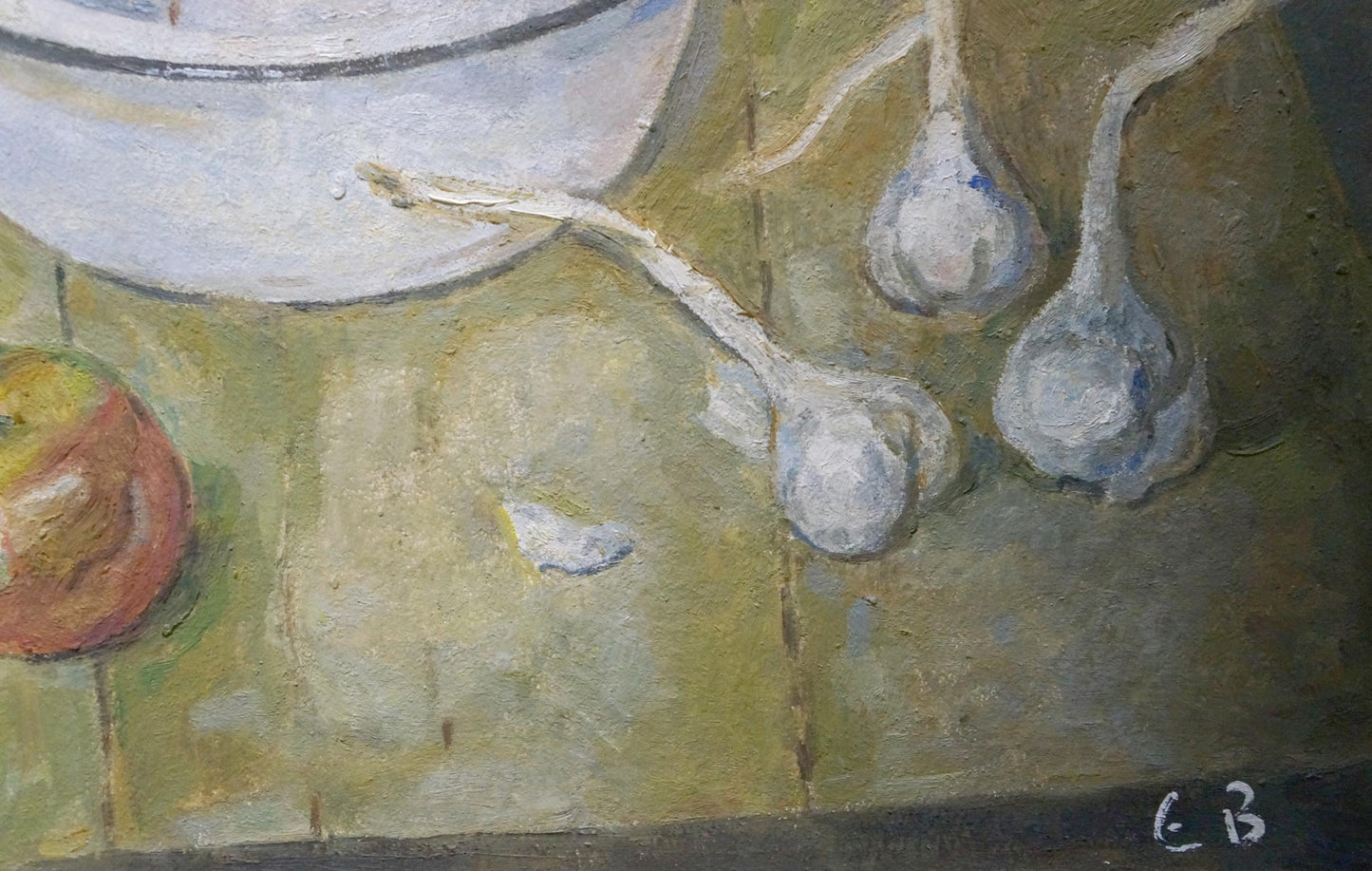 Oil painting of white ceramic bowl with dark rim on green surface by Evgeny Vsevolodovich Volobuev