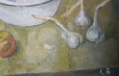 Oil painting of white ceramic bowl with dark rim on green surface by Evgeny Vsevolodovich Volobuev