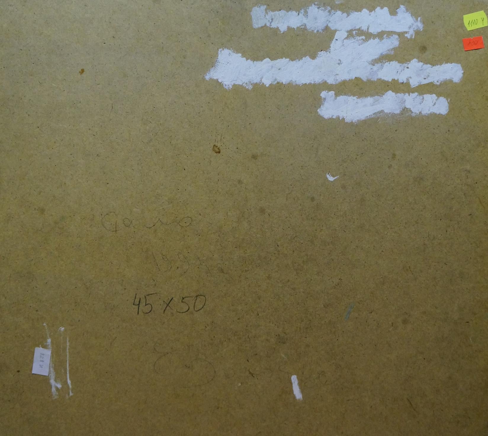 Back of Oil painting Still life with lard and garlic by Evgeny Volobuev on brown particle board with chalk markings and sticky notes