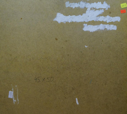 Back of Oil painting Still life with lard and garlic by Evgeny Volobuev on brown particle board with chalk markings and sticky notes