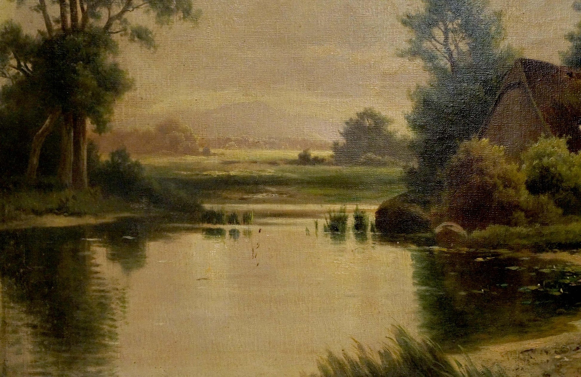 Serene oil painting of lake at the house with tranquil river and golden light