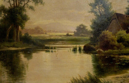 Serene oil painting of lake at the house with tranquil river and golden light