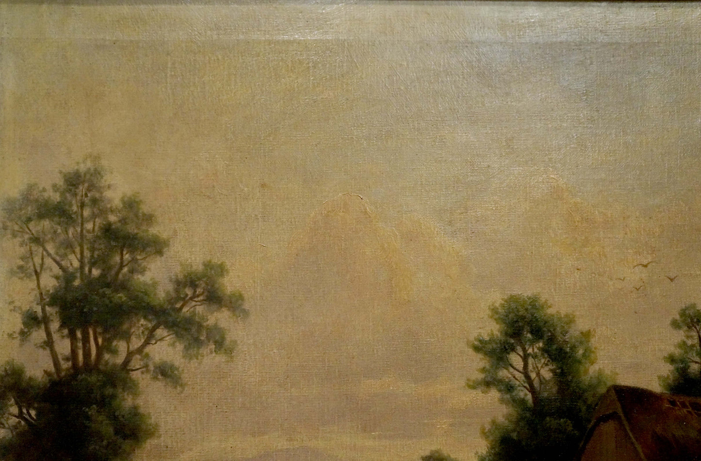 Impressionistic oil painting of misty lake mountains by house and trees