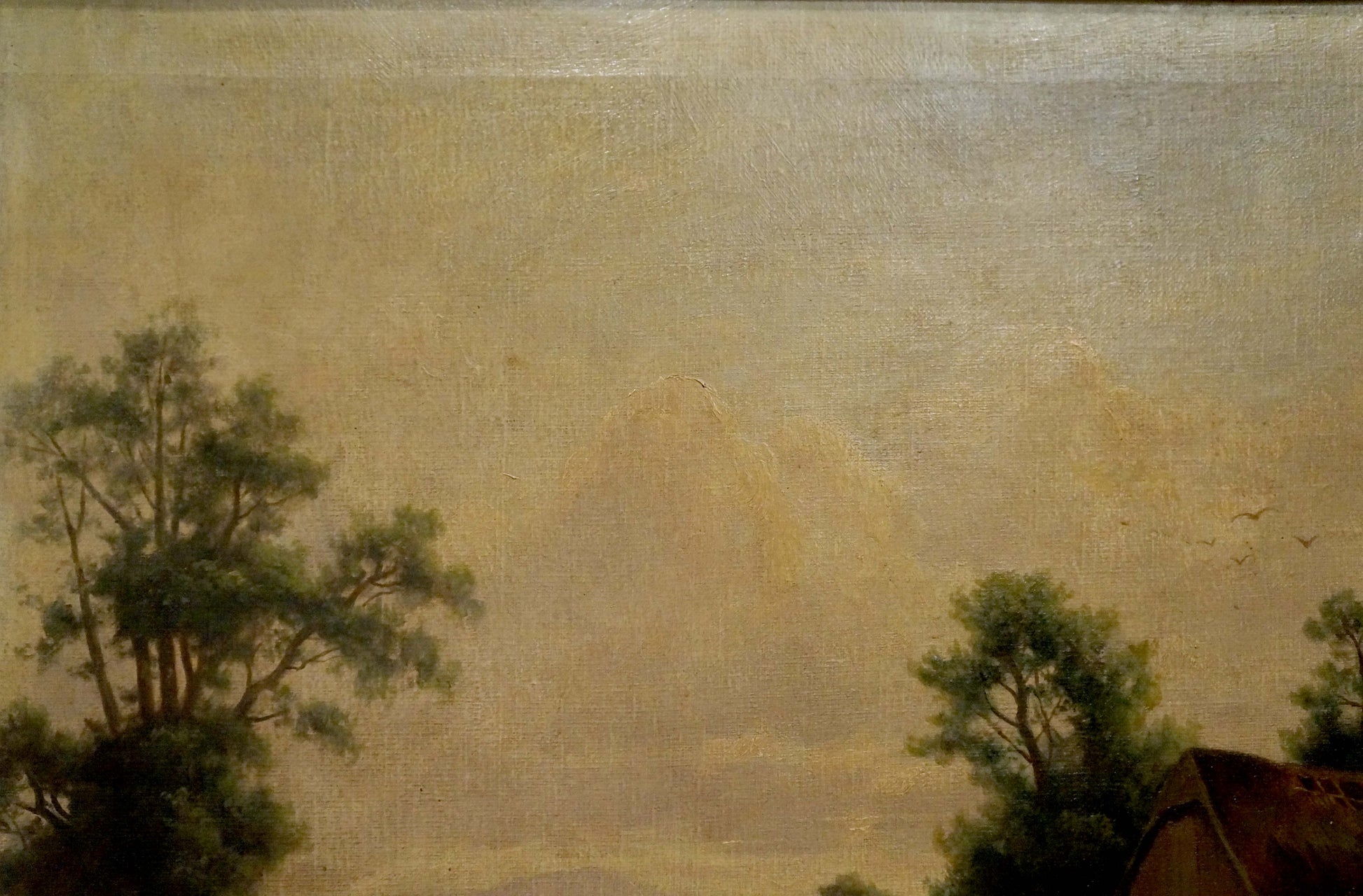 Impressionistic oil painting of misty lake mountains by house and trees
