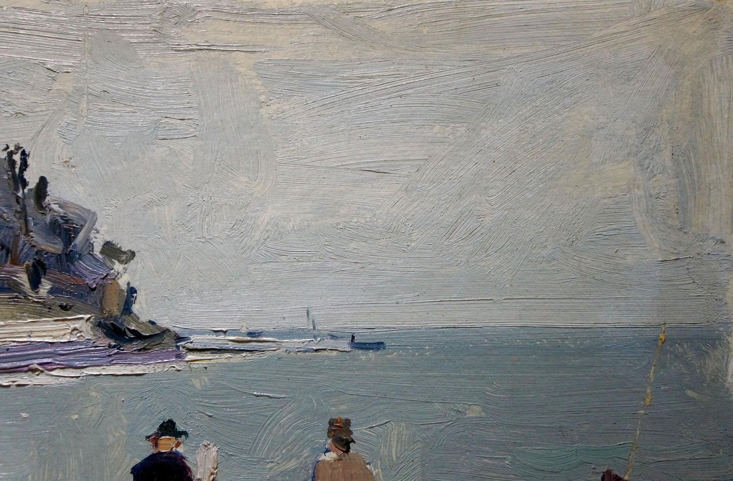 Oil painting On the embankment by Petr Kuzmich Stolyarenko, coastal scene