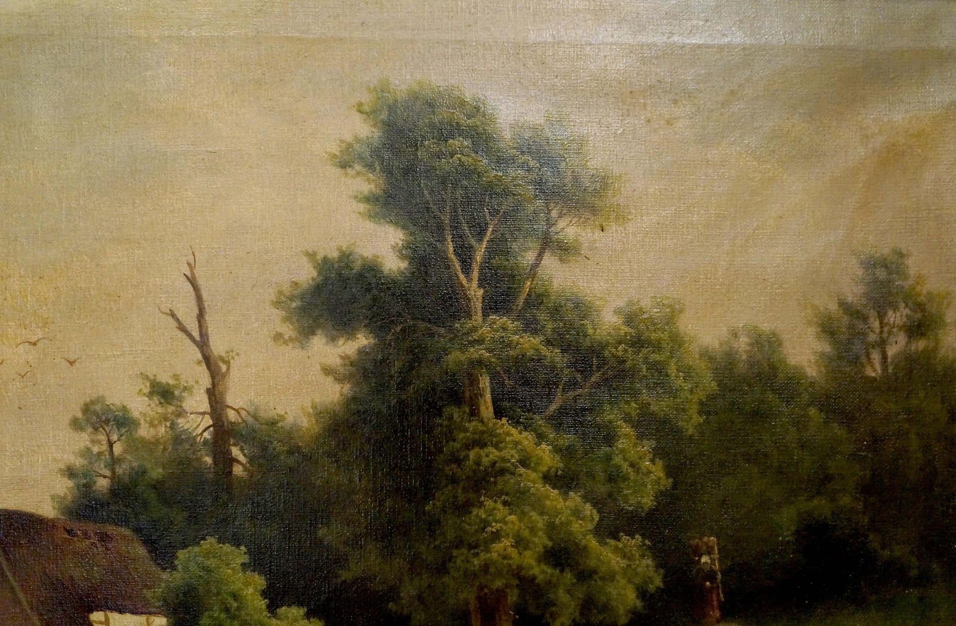 Oil painting of lush forest lake at the house with soft brushstrokes