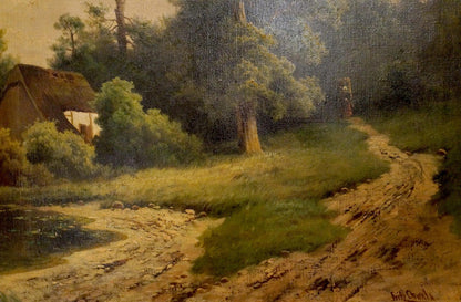 Oil painting of rustic thatched cottage by lake among trees and stream