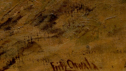 Back of textured earth-toned oil painting Lake at the house with signature