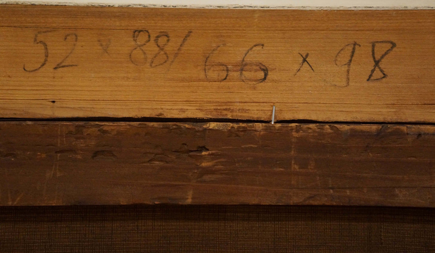 Back of Oil painting Lake at the house: weathered wooden beam with handwritten measurements in black ink
