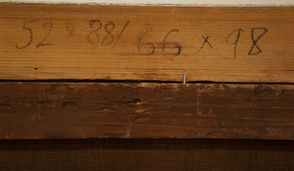 Back of Oil painting Lake at the house: weathered wooden beam with handwritten measurements in black ink