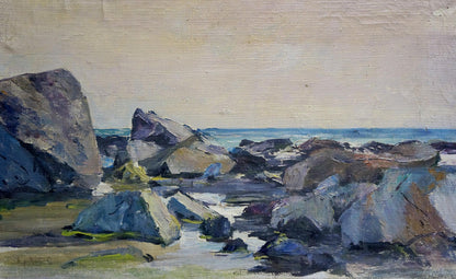Oil painting Craggy Seashore by Stepan Yarovoy: rugged coastal rocks