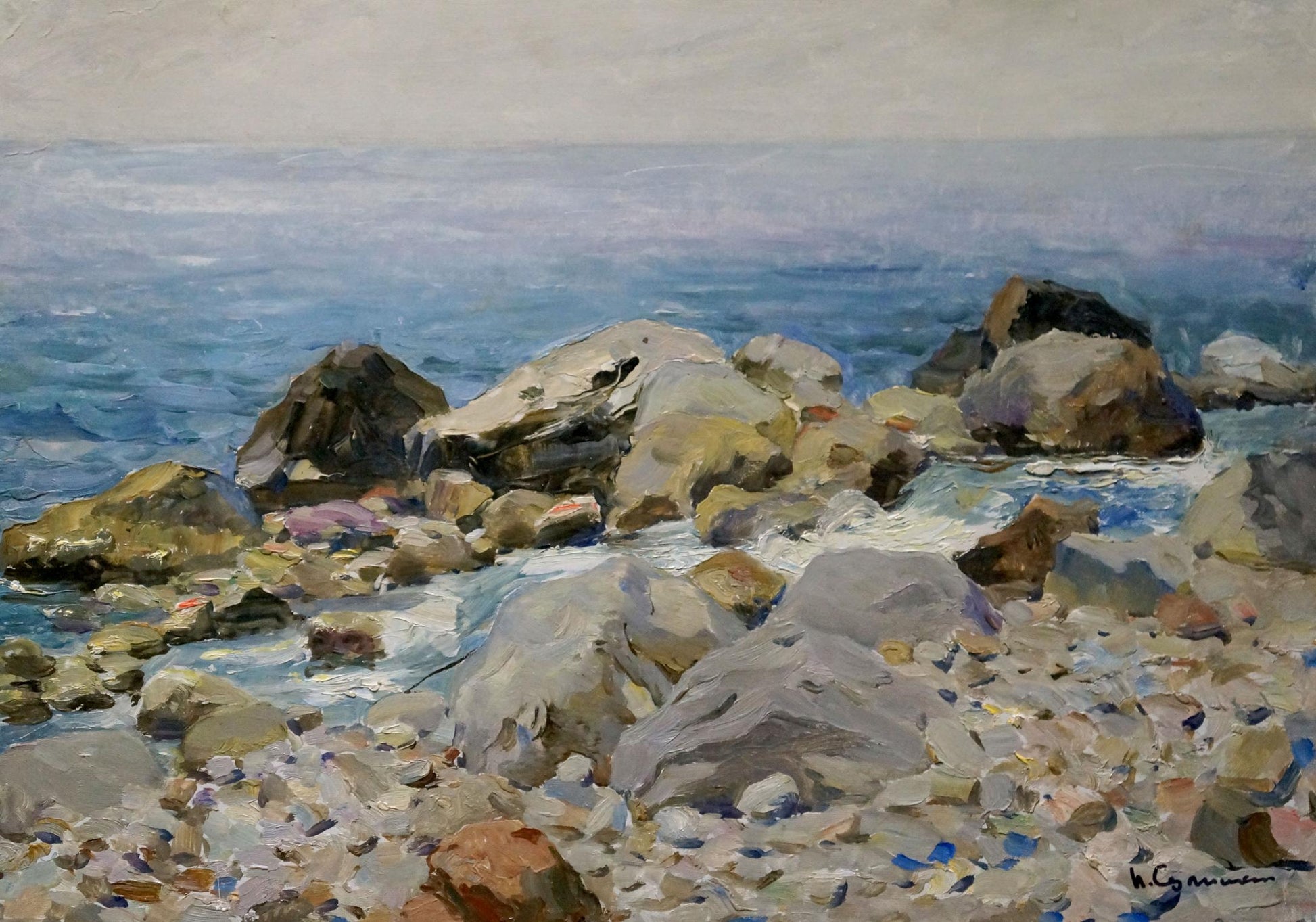 Textured oil painting by Petr Sulimenko of rocky shoreline overlooking sea horizon