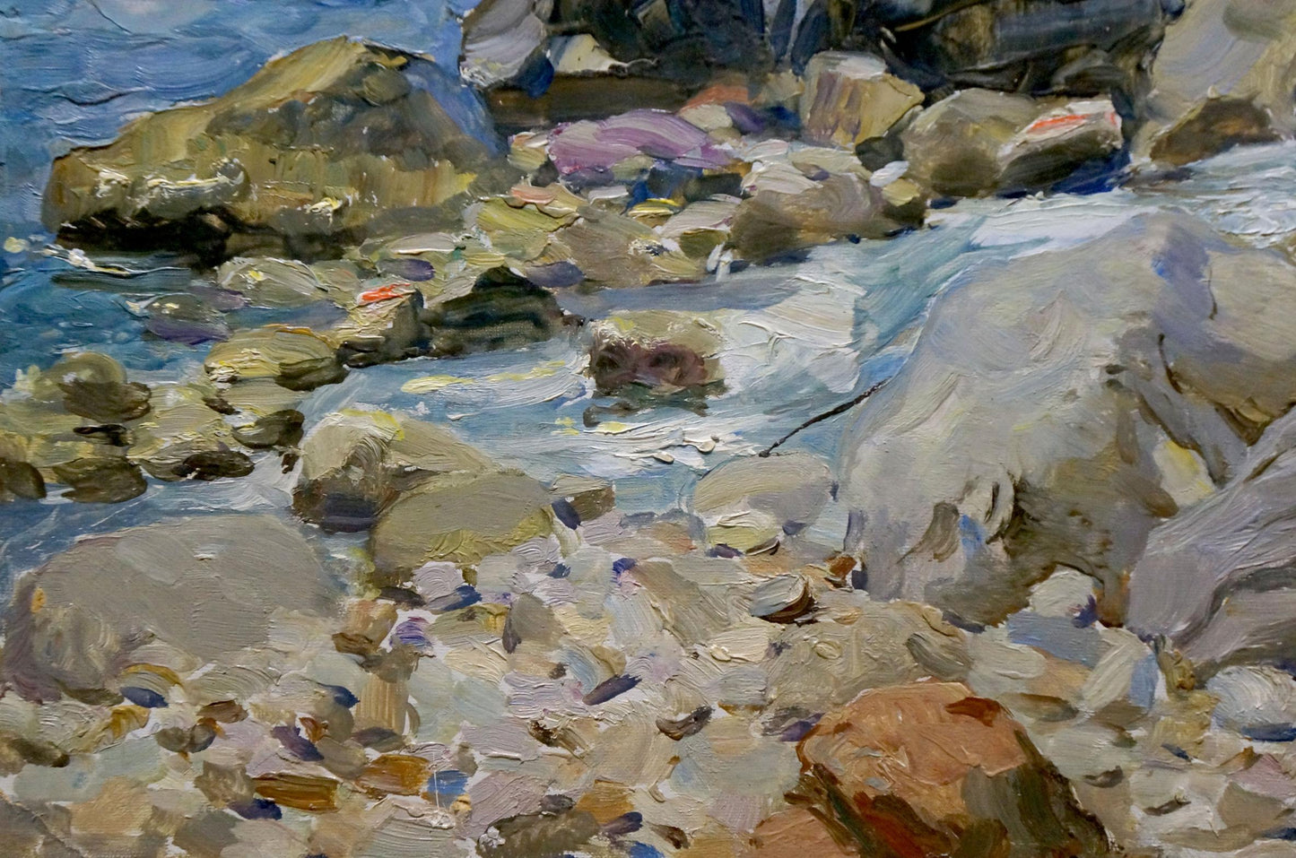 Textured oil painting by Petr Sulimenko of rocky shoreline overlooking sea horizon