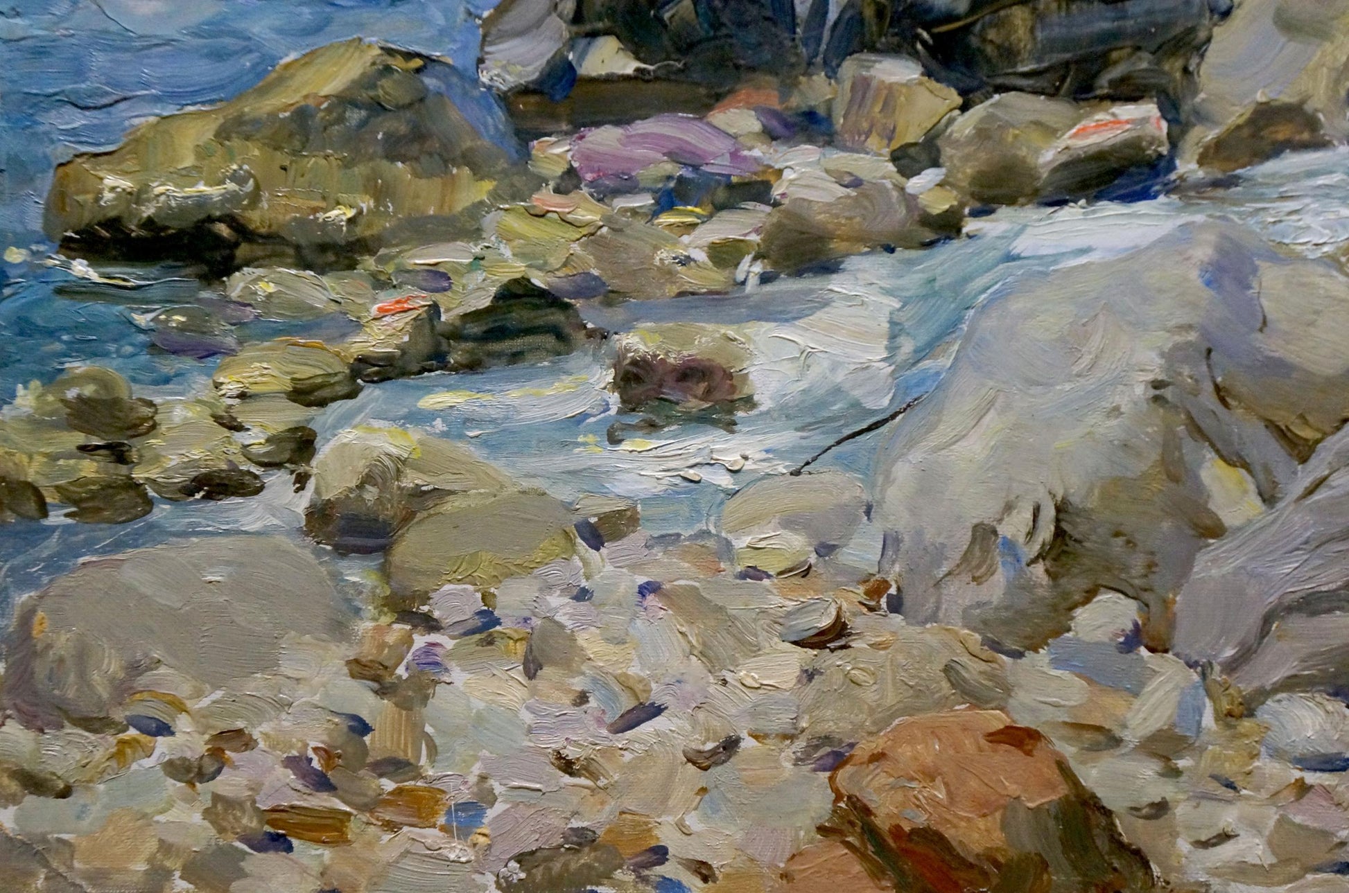 Textured oil painting by Petr Sulimenko of rocky shoreline overlooking sea horizon