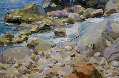 Textured oil painting by Petr Sulimenko of rocky shoreline overlooking sea horizon