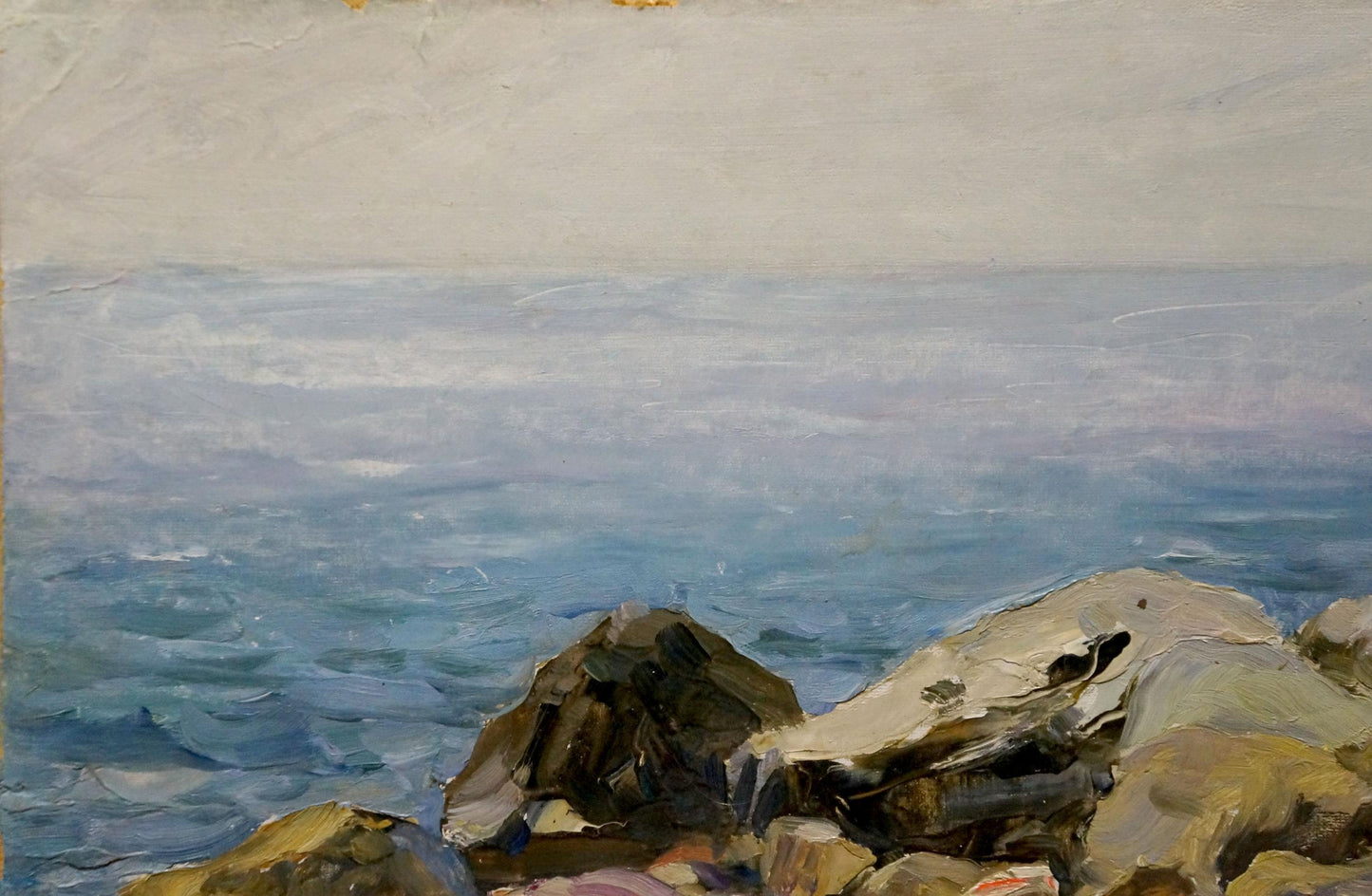Oil painting by Petr Sulimenko overlooking serene sea horizon with rocks