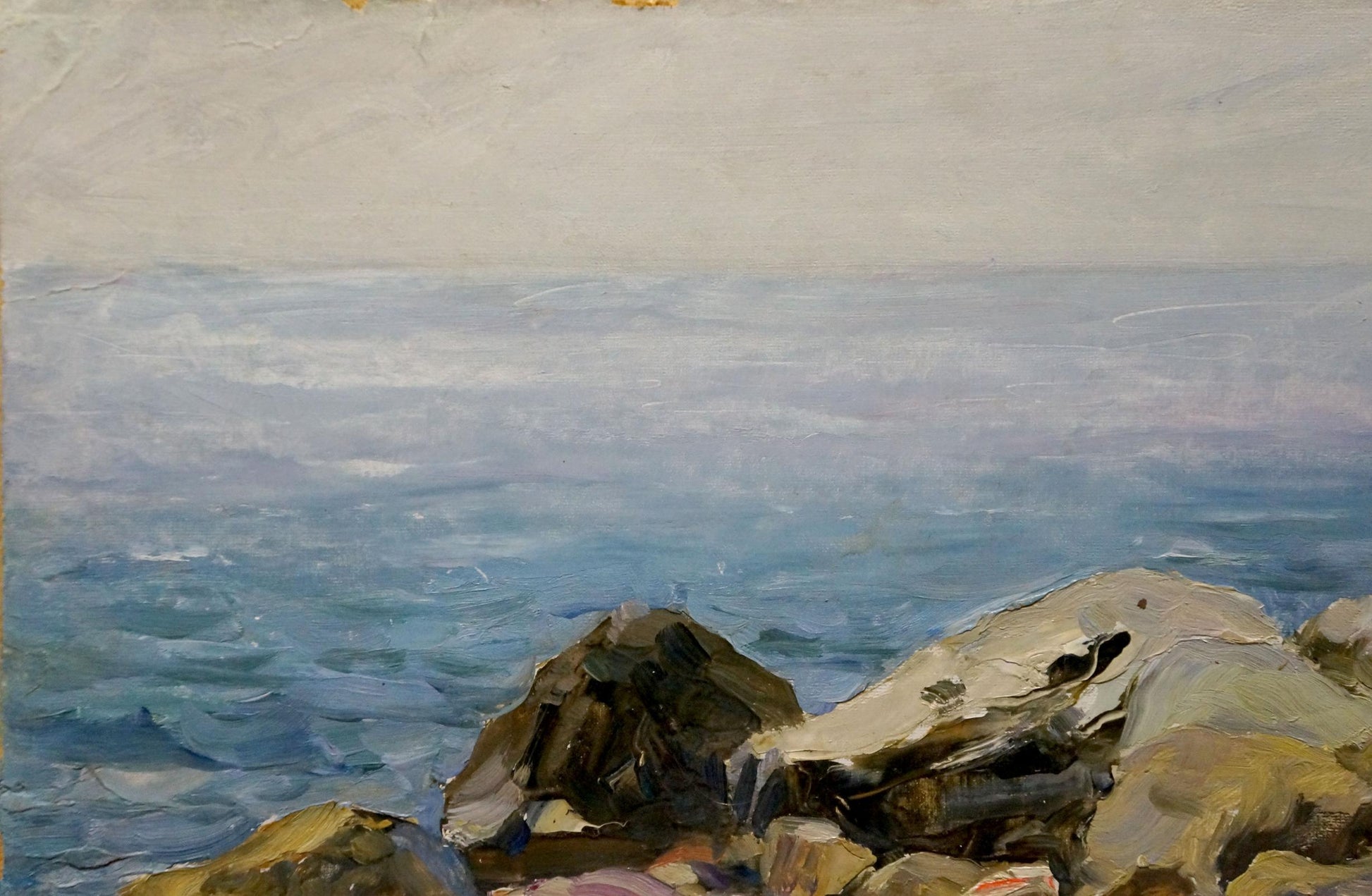 Oil painting by Petr Sulimenko overlooking serene sea horizon with rocks