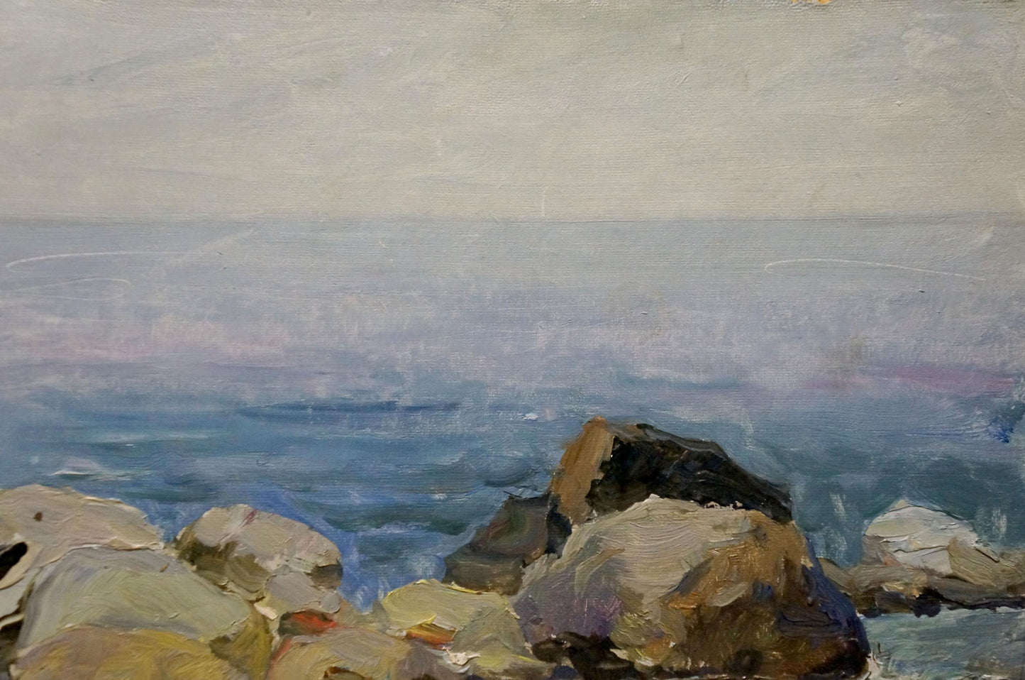 Textured oil painting by Petr Sulimenko overlooking hazy sea horizon