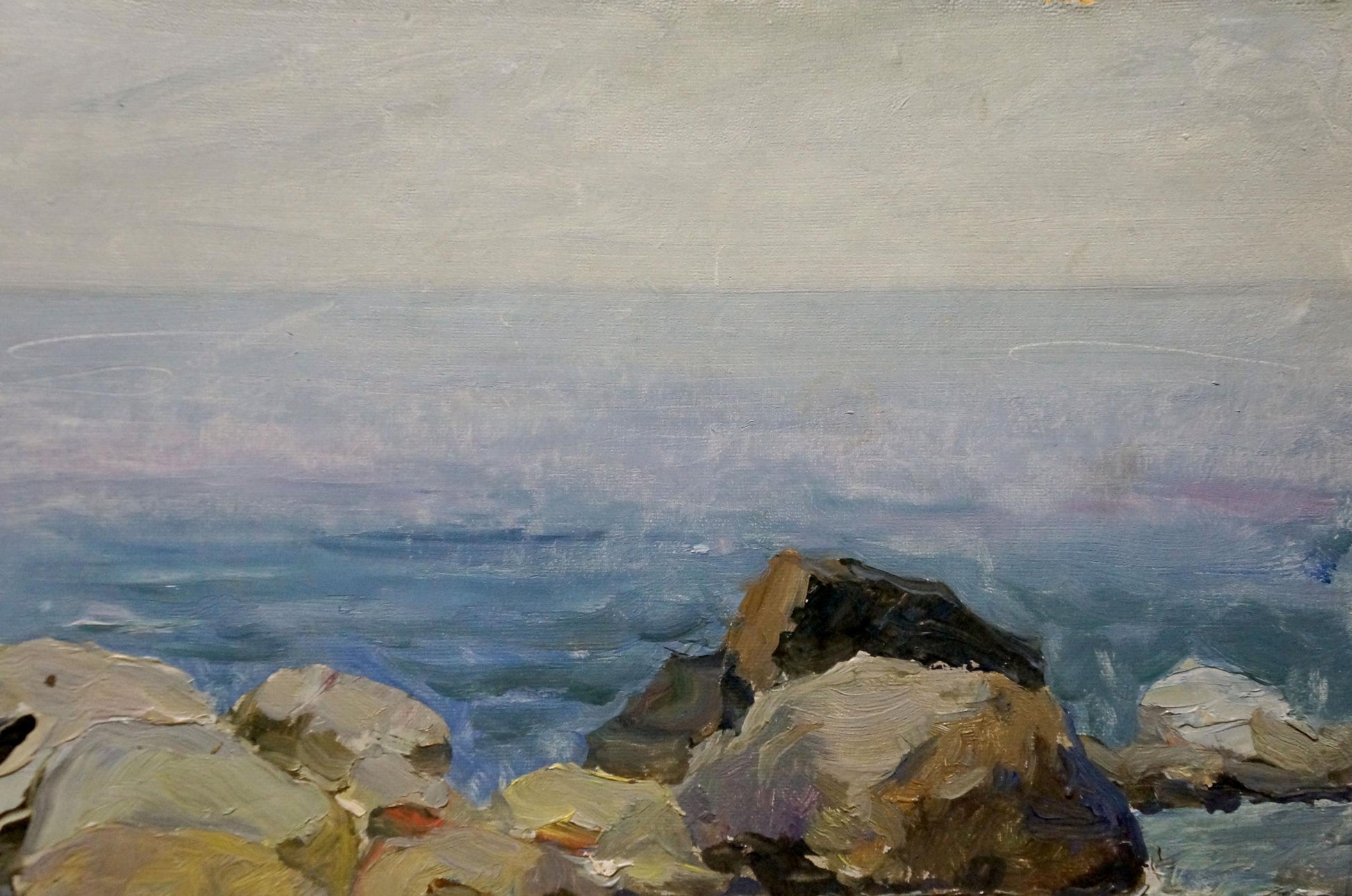 Textured oil painting by Petr Sulimenko overlooking hazy sea horizon