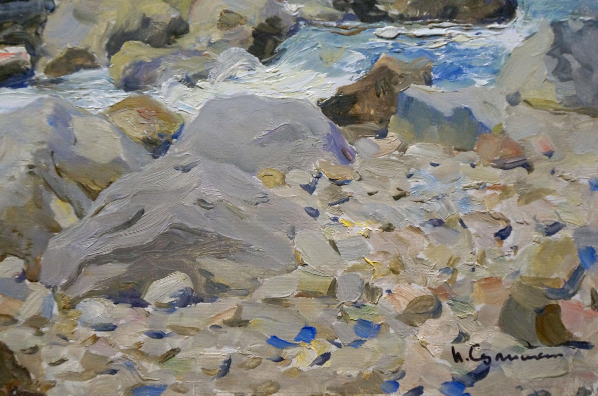Petr Sulimenko oil painting of textured rocky shoreline overlooking sea horizon