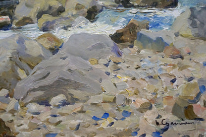 Petr Sulimenko oil painting of textured rocky shoreline overlooking sea horizon