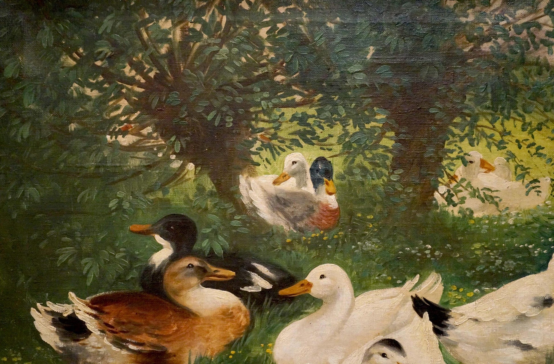 Serene oil painting by H. Graesel of geese walking amid lush green foliage